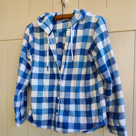 L.L Bean white and blue plaid textured twill button front hoodie - Picture 5 of 9
